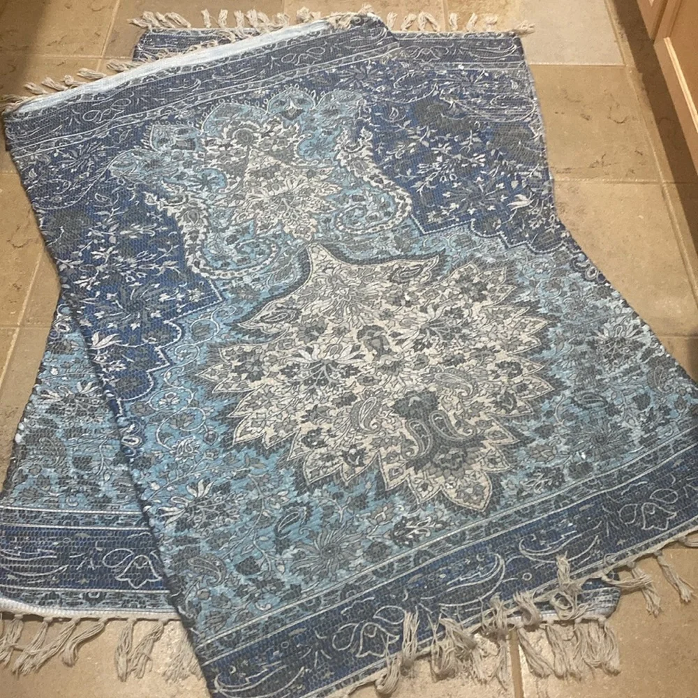 Set of 2 Rugs Blue and White Patterned knotted flat Rug 5x3 - Picture 4 of 6